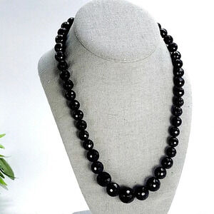 Vintage Black Glass Bead Necklace Faceted Sparkle 18" Graduated Classic …